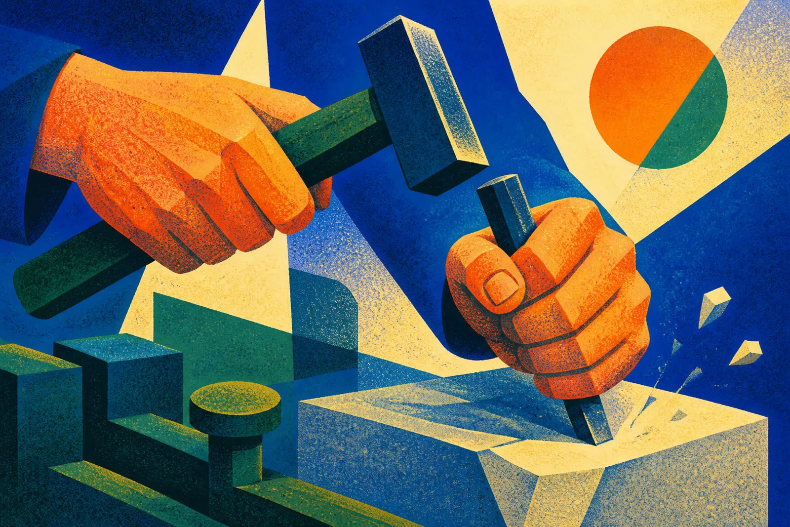 Hands at work shaping stone and metal, an allegory for craft engineering
